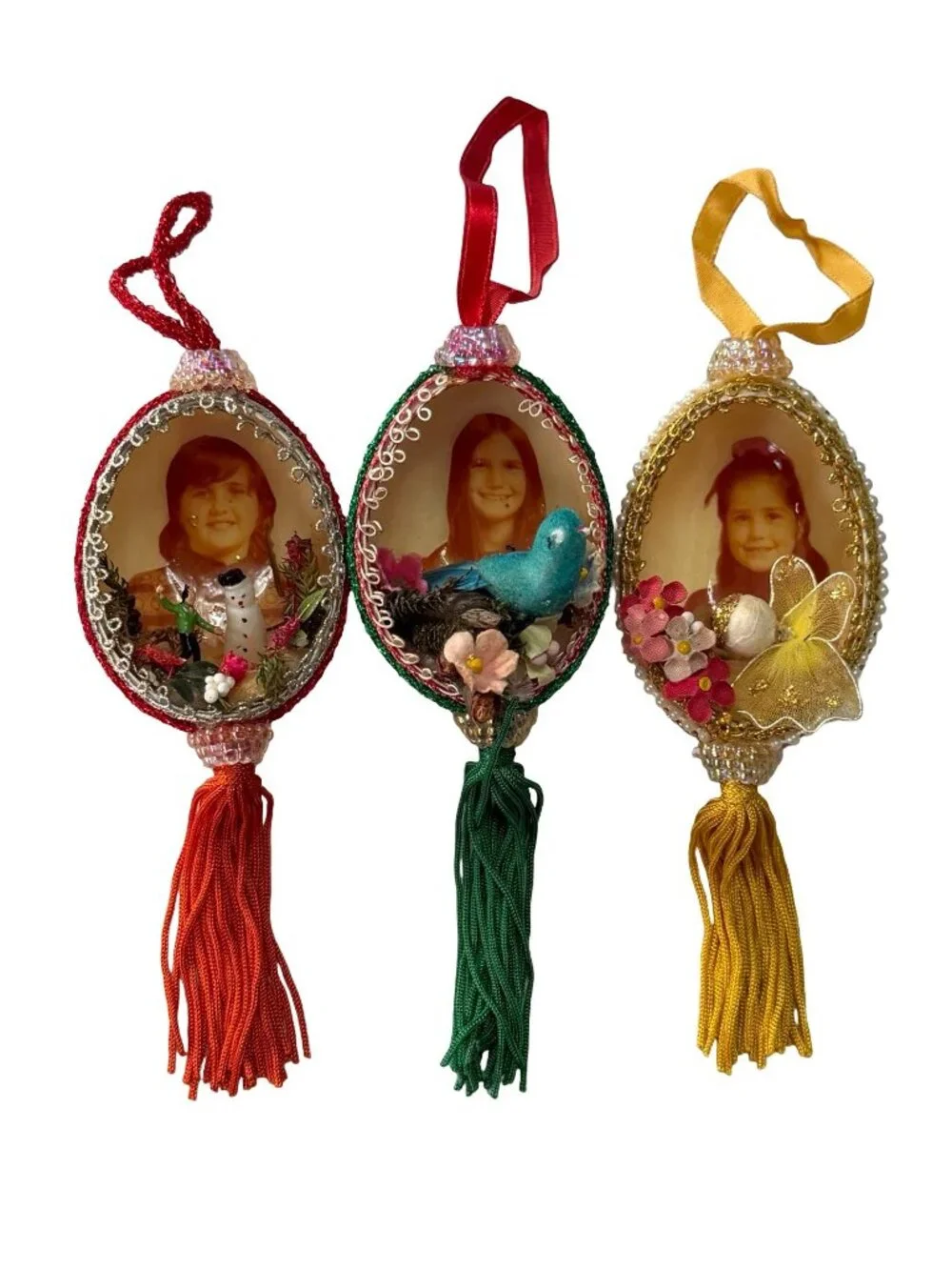 Vintage Handmade Photo Diorama Egg Christmas Ornaments Set of 3 Tassels